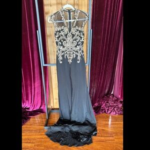 Black Amelia Couture Maxi Evening Gown with Ornate decoration and tags still on